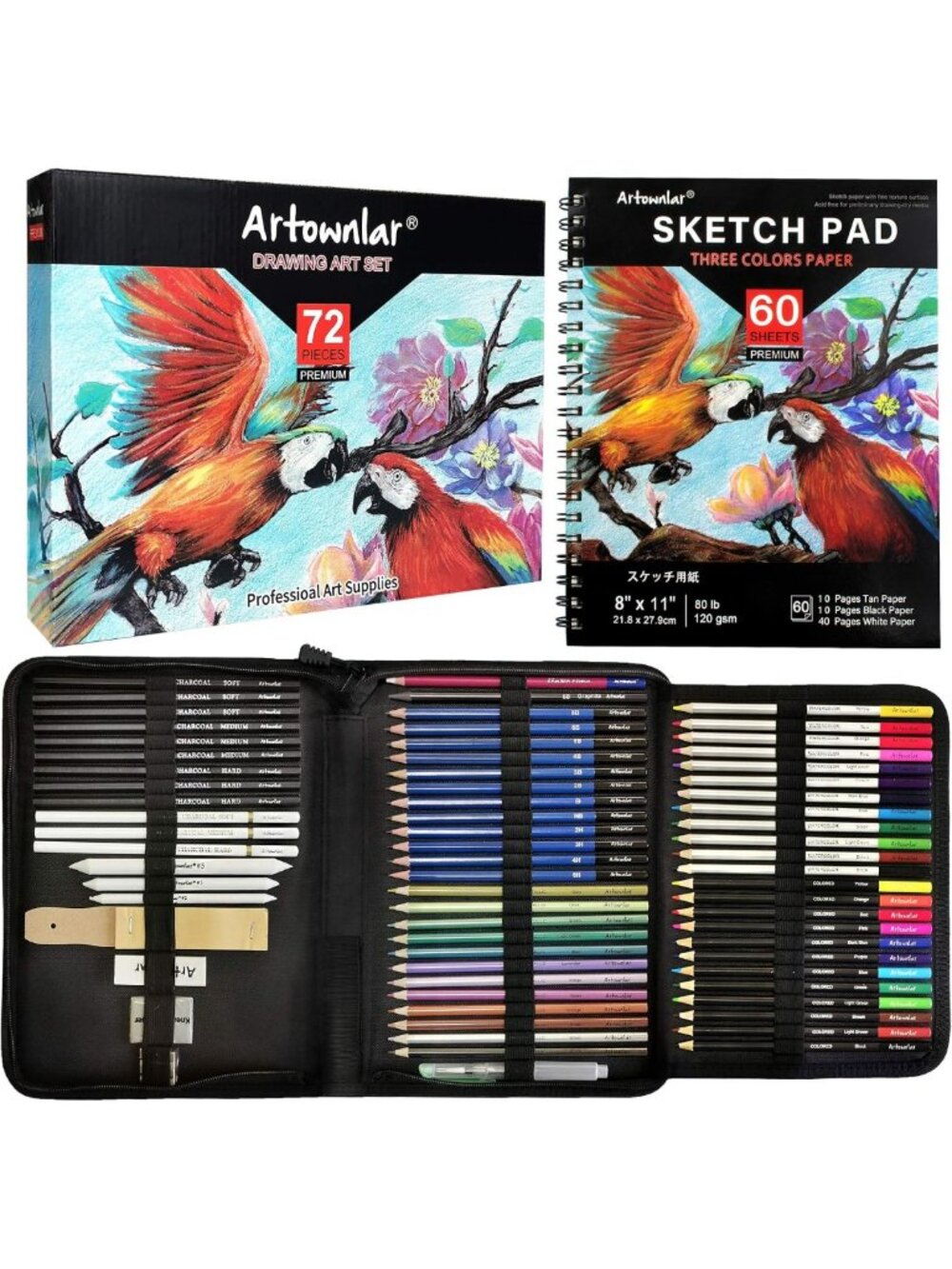 72-Piece Sketching Set with 8x11 Sketchbook | Pro Art Supplies for Beginners